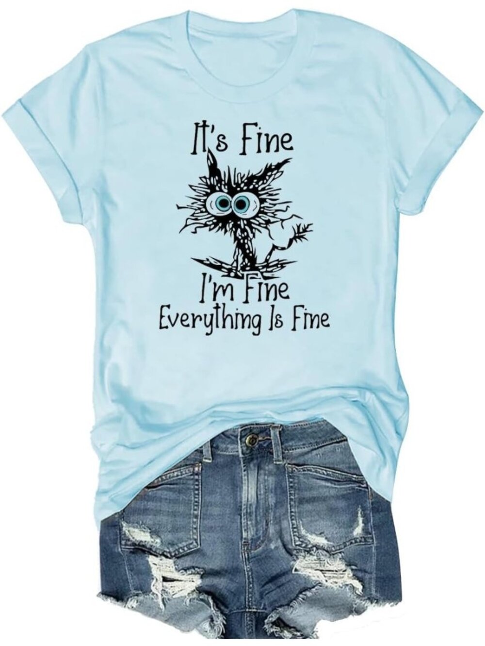 Women's Light Blue Short Sleeve Sayings Loose Fit Casual Tops Imported T Shirts